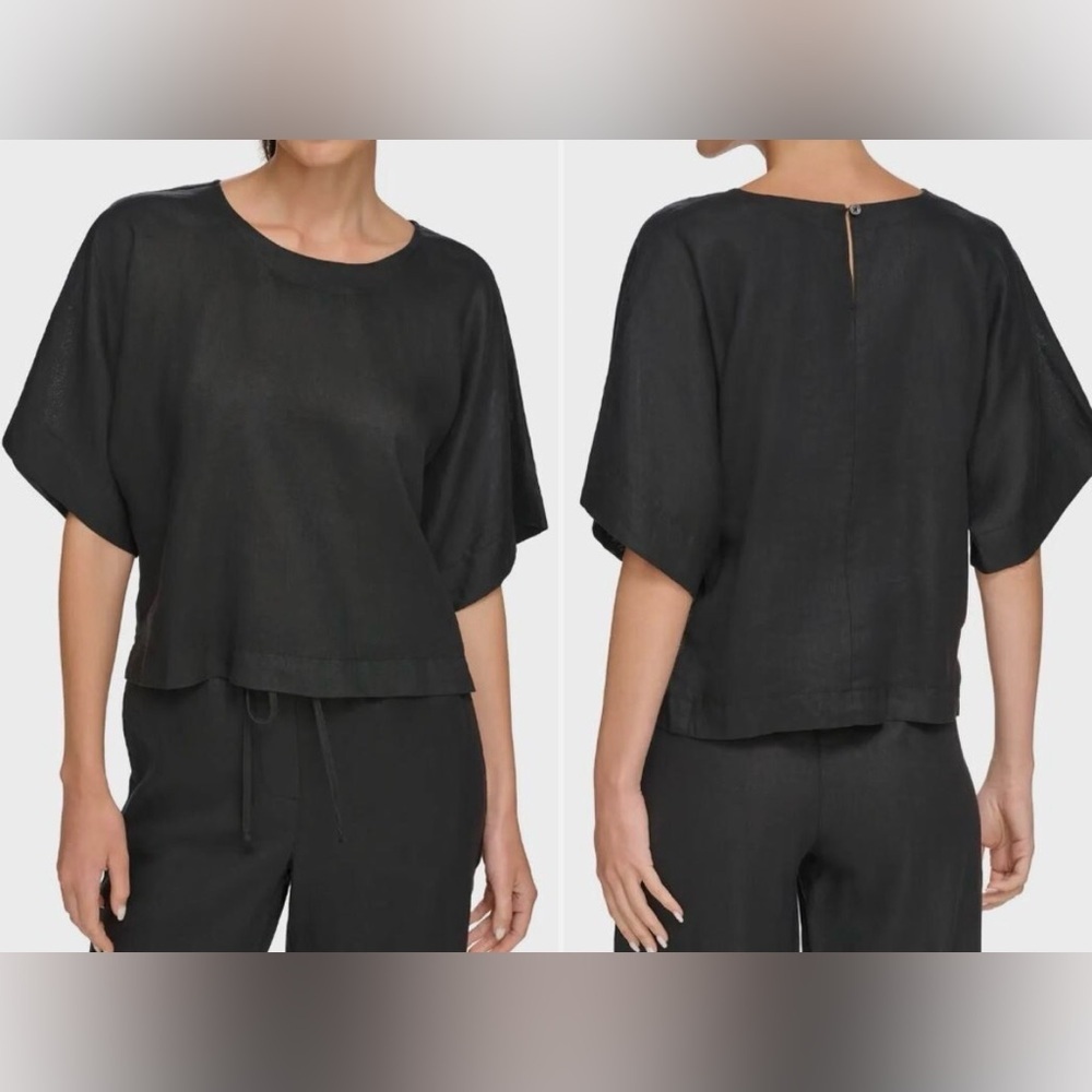Women’s DKNY Pure Dropped Shoulder Linen Blend Top Black Size XL